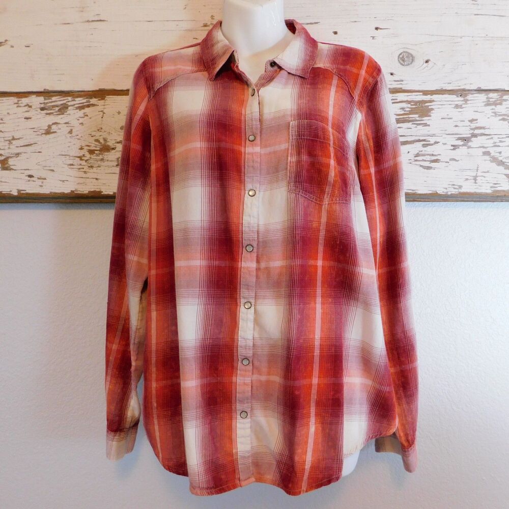 Maurices Shirt XL Plaid Brushed Cotton Pearl Snap Red Orange White Long Sleeve - Picture 2 of 16